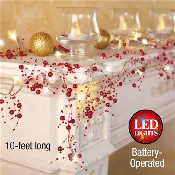 Indoor Christmas Decorations, Festive Lighted Berry Beaded Garland Gold 120" L - Picture 3 of 8